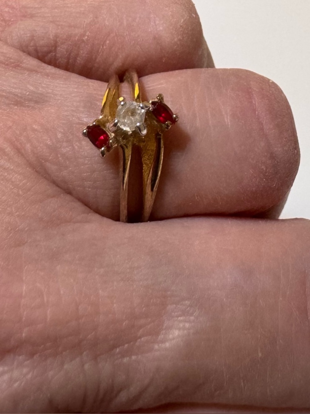 14k Gold  EP Women's 3 Stone Ring with 2 garnets and a CZ new vintage size 7.5